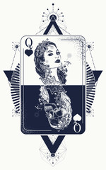 Sticker - Queen tarot cards, success and defeat, casino, poker tattoo. Queen playing card tattoo and t-shirt design. Beautiful girl and queen skeleton, Gothic playing card. Symbol of gamblings