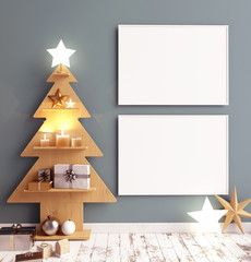 Modern minimalistic Christmas interior, Scandinavian style. 3D illustration. poster mock up