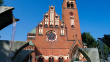 Water Fountains In Front Of The Garrison Church Of St. Adalbert In Szczecin, Poland