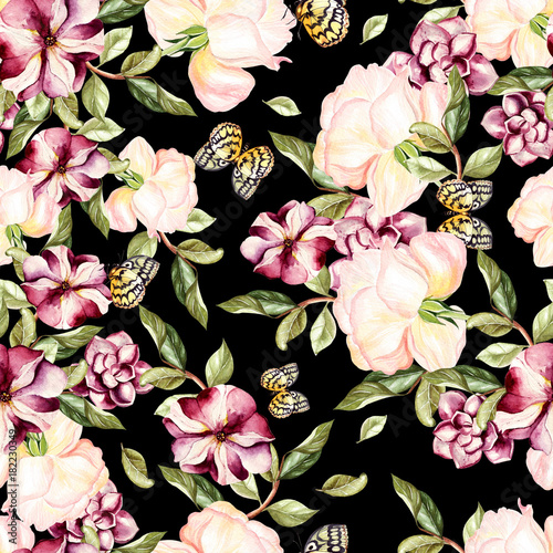 Watercolor pattern with flowers of petunias and roses.