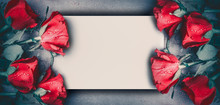 Red Roses Mock Up Banner On Gray Desktop Background, Top View.  Layout For Valentines Day, Dating And Love Greeting Card, Anniversary And Invitations. Retro Styled