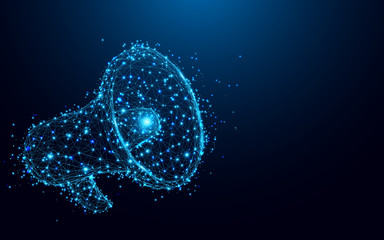 Aufkleber - Abstract megaphone from lines and triangles, point connecting network on blue background. Illustration vector
