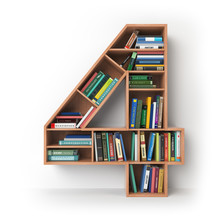 Number 4 Four. Alphabet In The Form Of Shelves With Books Isolated On White.