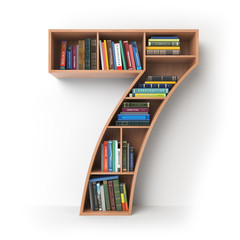 Poster - Number 7 seven. Alphabet in the form of shelves with books isolated on white.