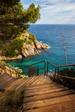 Wooden Stairs To The Sea On Costa Brava In Spain