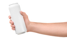 Man Holding Aluminum Can On White Background