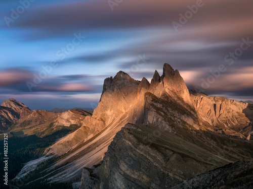 long exposure sunset sky on seceda south tyrol with view on iconic peaks Poster