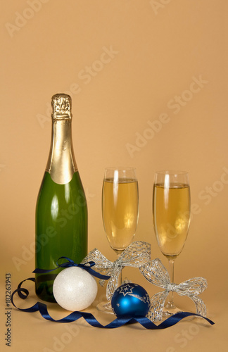 Glasses Of Champagne Decorated With Silver Ribbon New Year Toys