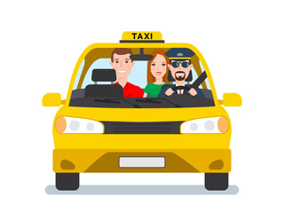 taxi driver and passengers in car front view