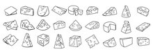 Cheese Isolated On A White Background, Hand Drawn Cheese Outline Vector Illustration. Cheese Sketch, Doodle Collection, Set Of Cheese Icons
