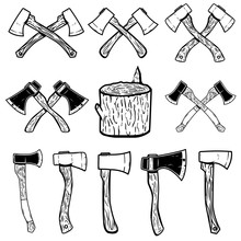 Set Of The Wood Cuts, Lumberjack Axes. Design Elements For Logo, Label, Emblem, Sign, Badge. Vector Illustration