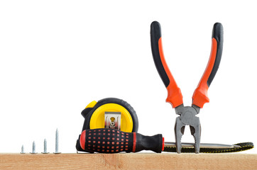 instrument - pliers, screwdriver, screw, tape isolated on  white background