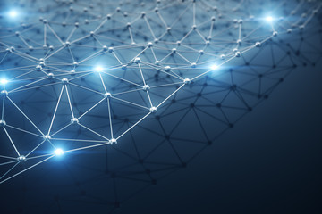 Poster - 3D Illustration, Abstract background. Concept neural network and cloud computing. Geometry with connections lines and points that can represent cloud computing or internet connections