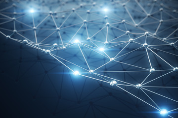 Poster - 3D Illustration, Abstract background. Concept neural network and cloud computing. Geometry with connections lines and points that can represent cloud computing or internet connections