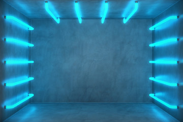 Poster - 3D Illustration Abstract blue room interior with blue neon lamps. Futuristic architecture background. Box with concrete wall. Mock-up for your design project,