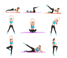 Sticker - Collage with beautiful young woman doing different exercises on white background