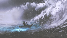 Man Rowing A Magic Boat In Stormy Sea With Rogue Waves, Digital Art Style, Illustration Painting