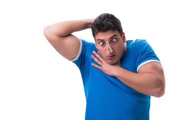 Man sweating excessively smelling bad isolated on white backgrou