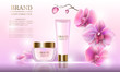 Cosmetic beauty set of body cream for skin care with orchids on a pink background. Template for banners, pages, presentations, advertising, vector illustration.