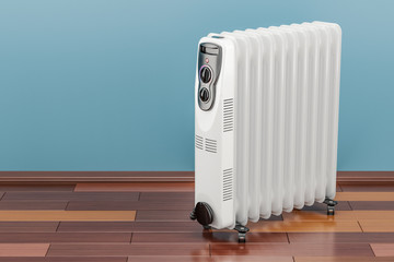 Poster - electric oil heater, oil-filled radiator on the floor. 3d rendering