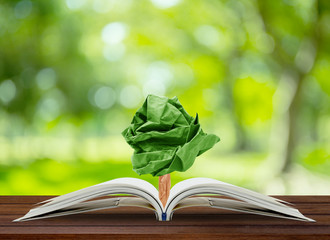 Tree paper growing from book on table, concept conservation of the environment, environmental protection