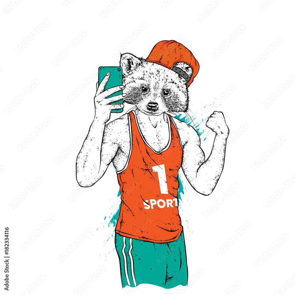 Raccoon with a beautiful male body. The sports guy strained his biceps ...