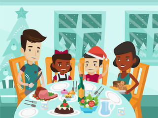 Sticker - Happy multiethnic family of four celebrating Christmas day at festive table. Cheerful african-american mother and caucasian white father with their biracial kids having Christmas dinner at home.