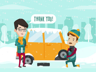 Canvas Print - Caucasian white auto mechanic helps a young man to change a tire on car on winter road after a car breakdown. Man replacing the wheel on the car on cold snowy winter day. Vector cartoon illustration.