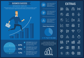 Sticker - Business success infographic template, elements and icons. Infograph includes customizable graphs, charts, line icon set with business worker, successful businessman, corporate leader, market data etc