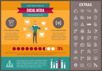 Poster - Social media infographic template, elements and icons. Infograph includes customizable graphs, charts, line icon set with social media, global network, electronic mail, internet technology etc.