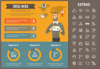 Poster - Social media infographic template, elements and icons. Infograph includes customizable graphs, charts, line icon set with social media, global network, electronic mail, internet technology etc.