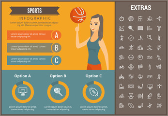 Sticker - Sports infographic template, elements and icons. Infograph includes customizable graphs, charts, line icon set with sport equipment, sports field, competitive games, champion pedestal, athlete etc.