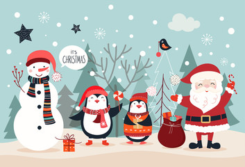 christmas card design with seasonal characters
