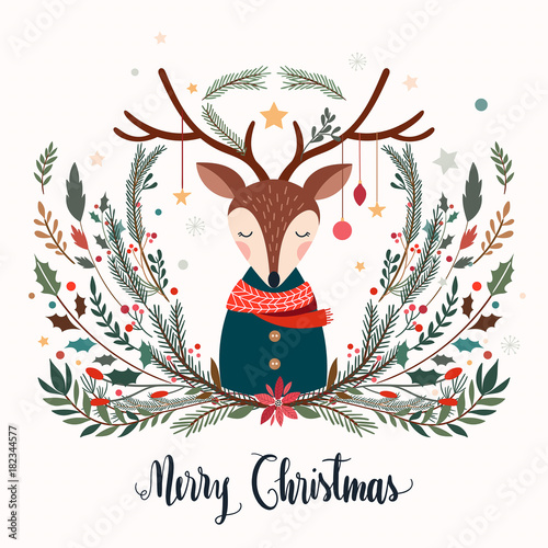 Fotografía Christmas greeting card with deer and decorative seasonal branches