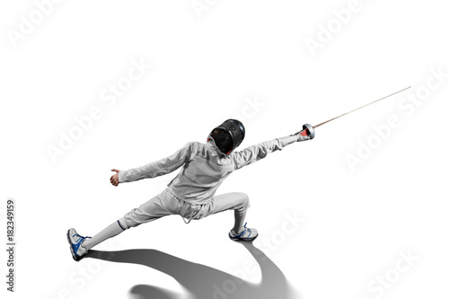 Fotografiet  male fencer in action isolated