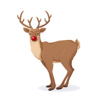 Cartoon Christmas Illustration. Funny Rudolph Red Nose Reindeer Isolated On White. Vector.