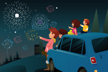 Poster - Family Watching Fireworks for New Year Celebration