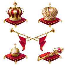 Royal Golden Crowns With Jewels, Fanfares, Scepter And Orb On Red Velvet Pillows, Set Of Vector Realistic Icons Isolated On White Background. Heraldic Elements, Monarchic Symbols