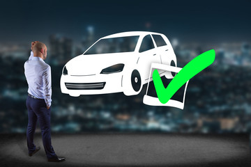 Poster - Business man in front of a wall with a Verified car ready to go - transportation and travel concept