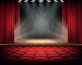 Fototapeta  - Open red curtain and empty illuminated theatrical scene realistic vector illustration. Grand opening concept, performance or event premiere poster, announcement banner template with theater stage