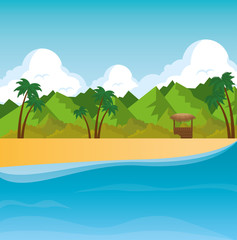 Poster - beautiful landscape summer time on the beach with palms vector illustration graphic design