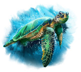 Fototapeta Konie - Big sea turtle watercolor painting