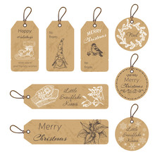 Christmas Gift Tags With Hand Drawing Elements. Vector Illustration Sketch Holidays.