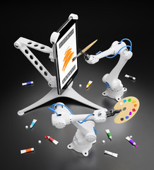 Aufkleber - Creative Robotics. Industrial robots creating digital painting with mobile app. 3D-rendering graphic composition on the subject of 'Artificial Intelligence'.