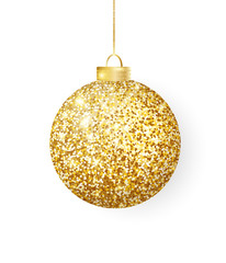 Hanging Christmas golden ball isolated on white. Sparkling glitter texture bauble, holiday decoration