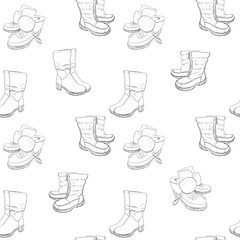 Wall Mural - illustration of Hand drawn sketch seamless pattern of Shoes . Sneakers, boots, high shoe, snow boots. for casual female. Coloring book. Wrapping paper.