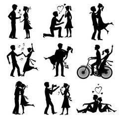 Wall Mural - Happy couples in love just married bride and groom vector black silhouettes