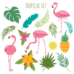 Poster - Tropical vectoro set with pink flamingos, palm leaves and flowers