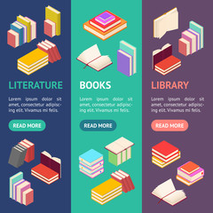 Poster - Stack Of Color Books Banner Vecrtical Set Isometric View. Vector