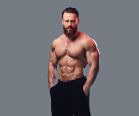 Wall Mural - Portrait of bearded shirtless bodybuilder.